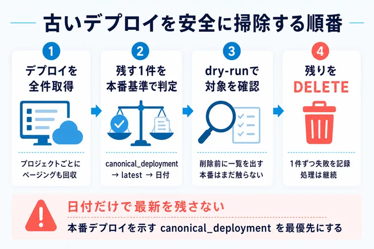 Cloudflare Pagesの古いデプロイを全件取得、本番基準で判定、dry-run確認、削除する順番の図解