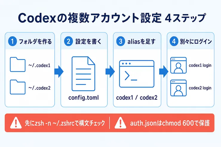 Codexの複数アカウント設定を4ステップで示した図解