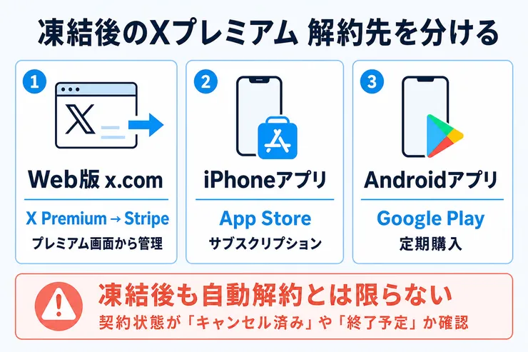 凍結後のXプレミアムの解約先を加入元ごとに分ける図解